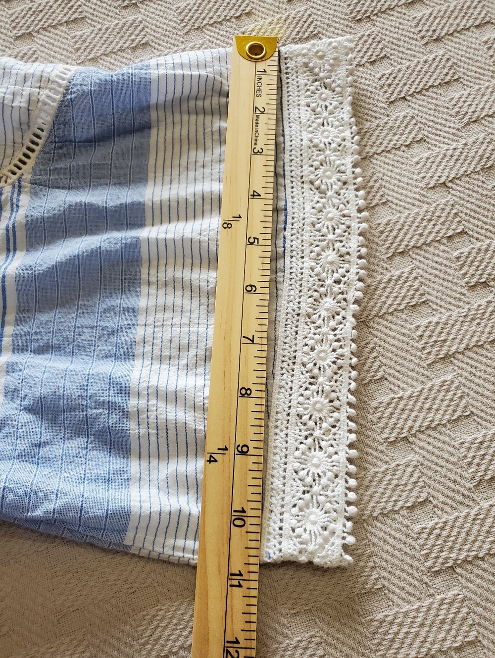 Democracy Blue Striped Boho Peasant Top with Red Embroidery and Lace Trim - Picture 7 of 14